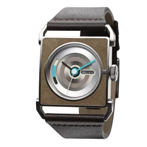 Swing watch front view with minimalist round dial and flowing lines