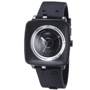 T-Cam watch front view with retro camera lens dial design