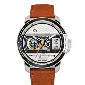 Front view of Automatic Cassette watch with cassette-tape inspired skeleton dial